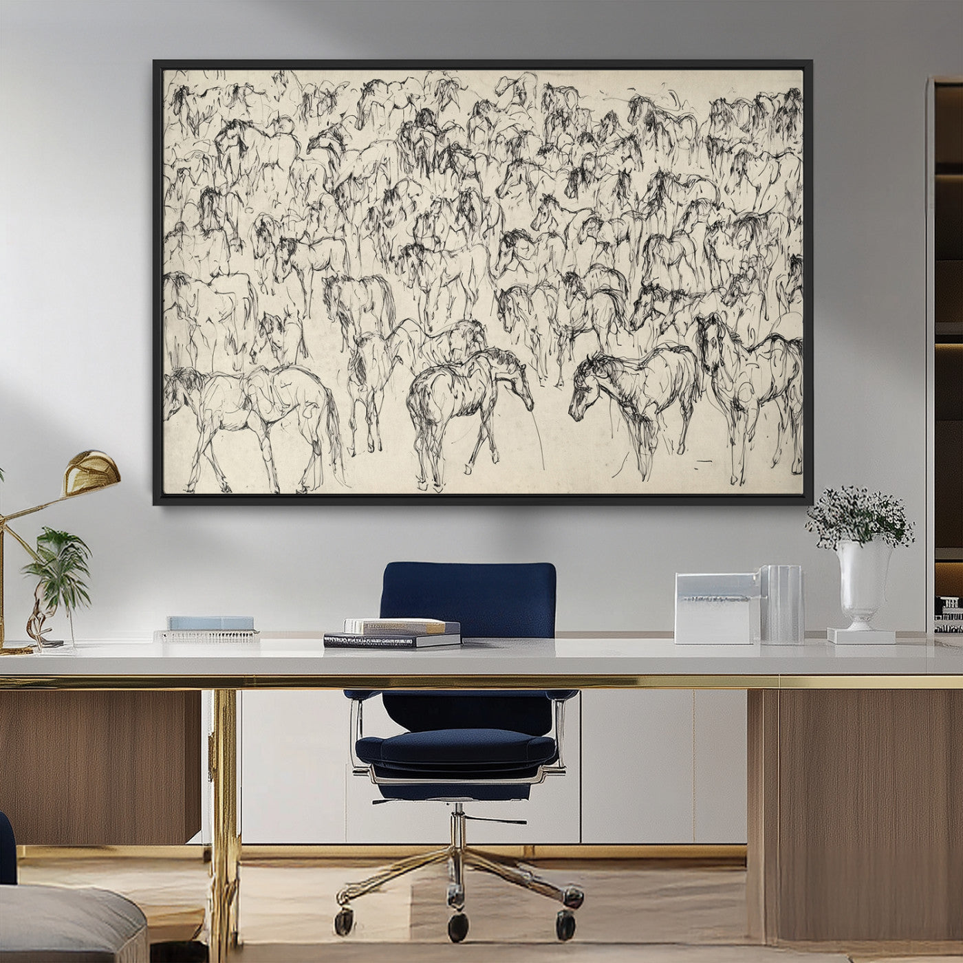 MGV-FC-36X24 - Wild Horse Stampede Wall Art Canvas Print – Monochrome Ink Brush Painting of Running Horses, Perfect