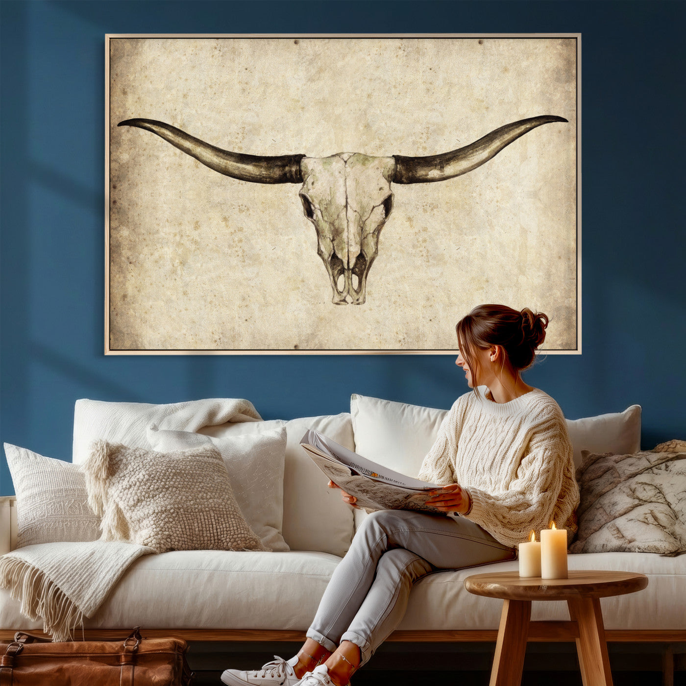 42788678-MGV-CV-36X24 - Longhorn Skull Wall Art Canvas Print – Rustic Western Artwork Print for Living Room Wall Decor
