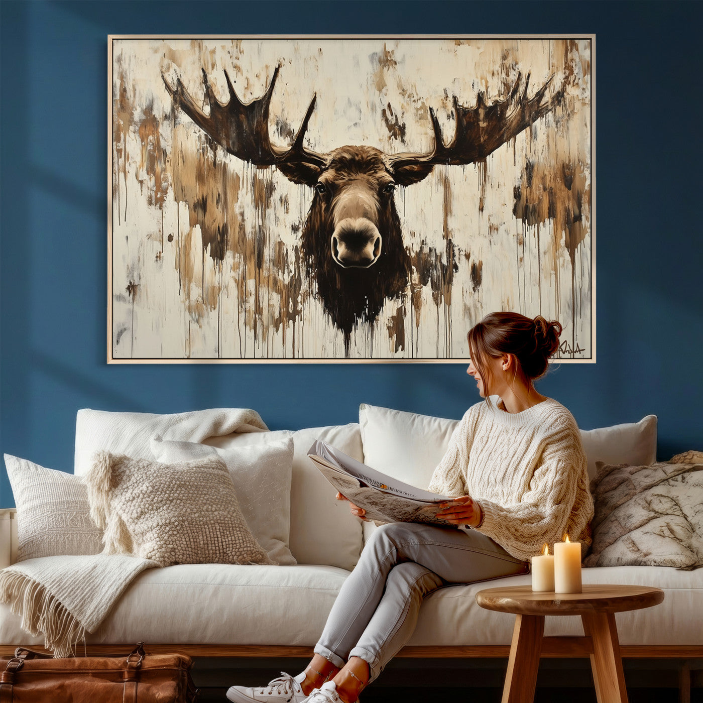 34496536-MGV-CV-36X24 - Powerful Moose Portrait Wall Art – Rich Earthy Tones, Expressive Brushstrokes, Striking Gaze, Raw Nature Vibes Decor for Home or Office