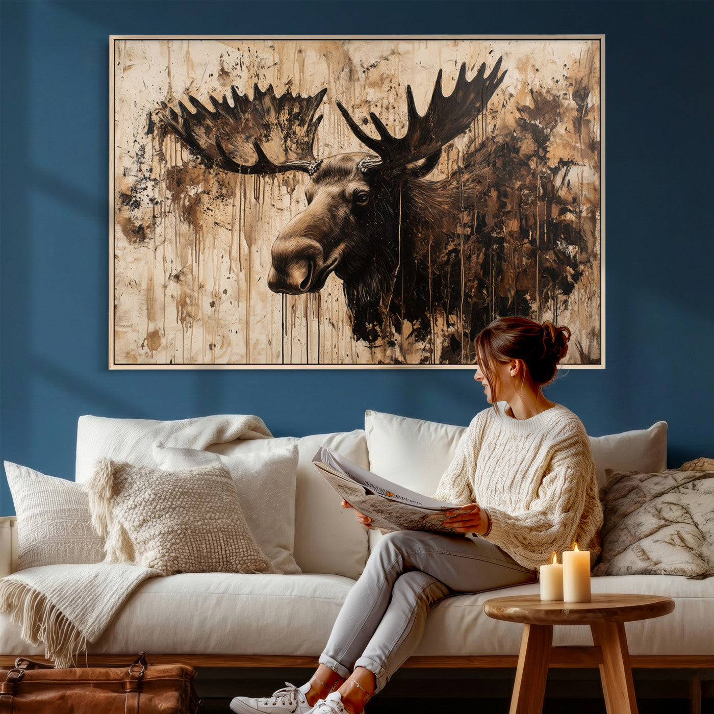 83505059-MGV-CV-36X24 - Moose Canvas Wall Art — Rustic Wildlife Painting Print | Cabin Lodge Decor | Large Animal Wall Art | Moose Gift for Him | Man Cave Art