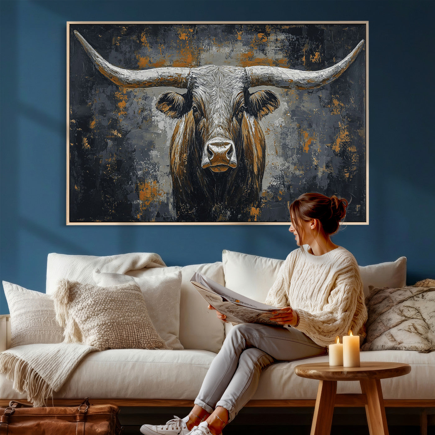 73972561-MGV-CV-36X24 - Bold Bull Wall Art Canvas – Striking Portrait with Wide Horns and Rich Brown Hues, Rustic Farmhouse and Western Decor for Home Room