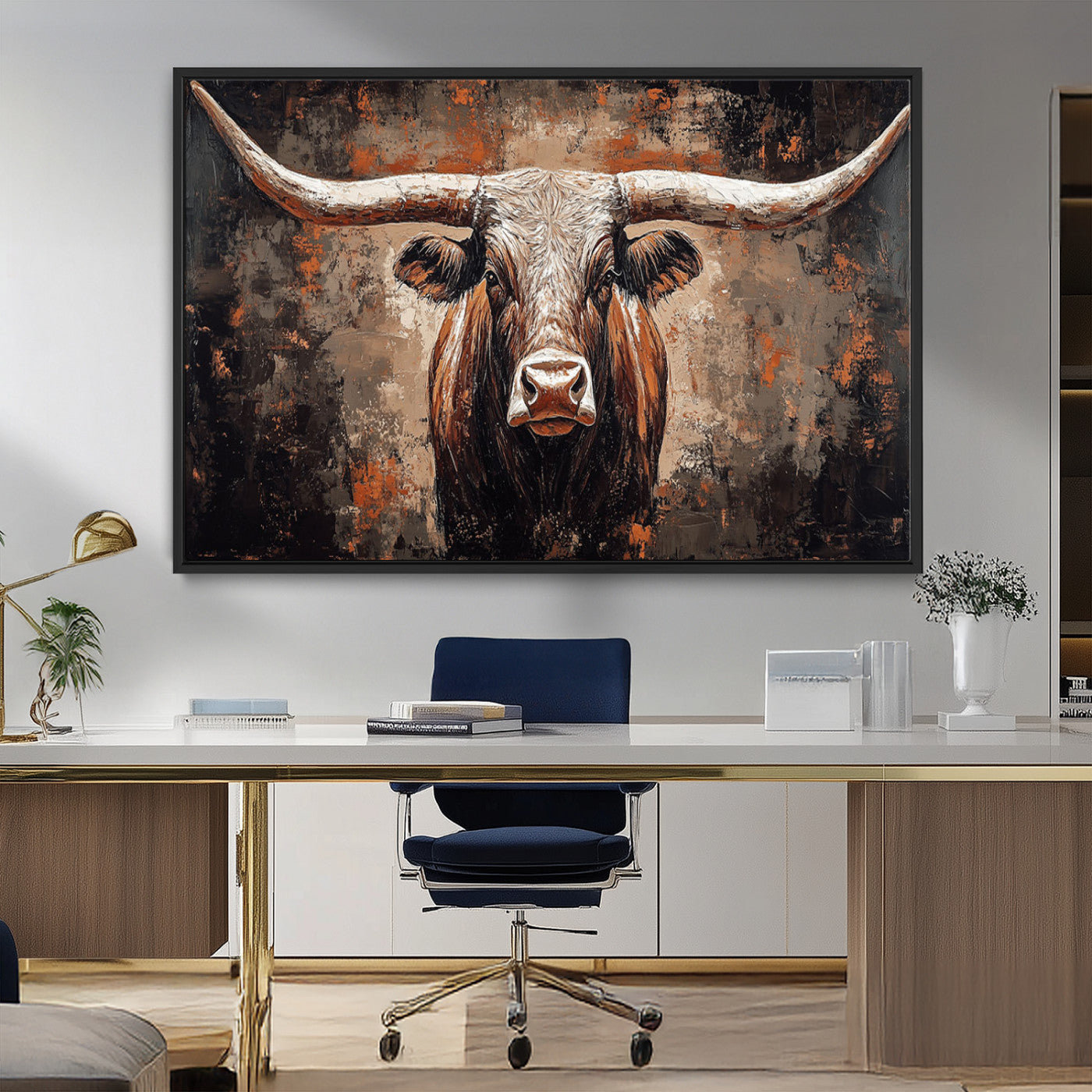 42732393-MGV-CV-36X24-Rustic Longhorn Bull Wall Art Canvas Print – Vintage Western Cattle Painting, Texas Steer Artwork for Ranch, Farmhouse or Cowboy Decor
