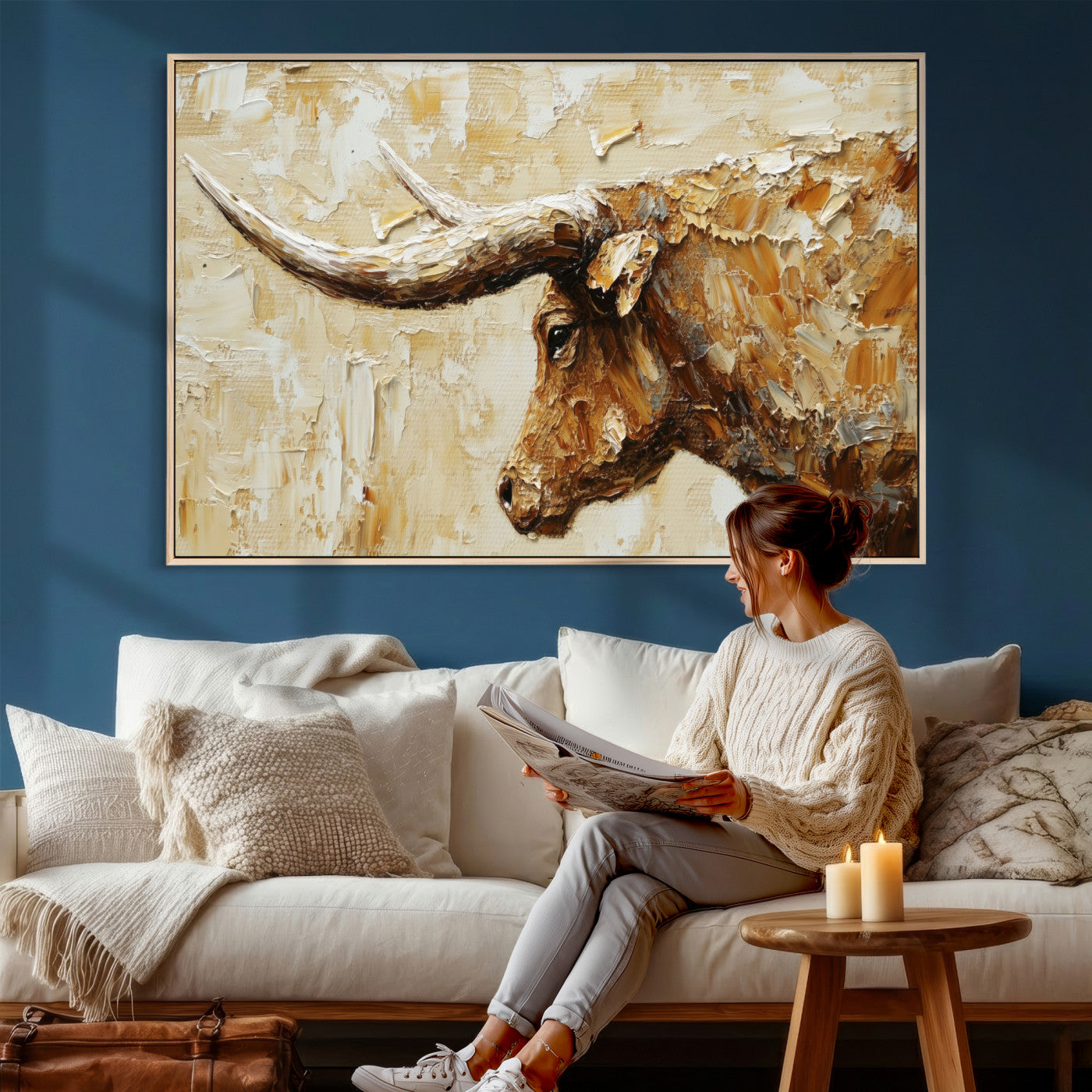 69611428-MGV-CV-36X24 - Rustic Longhorn Bull Wall Art Canvas Print – Vintage Western Cattle Painting, Texas Abstract Wall Cow Prints