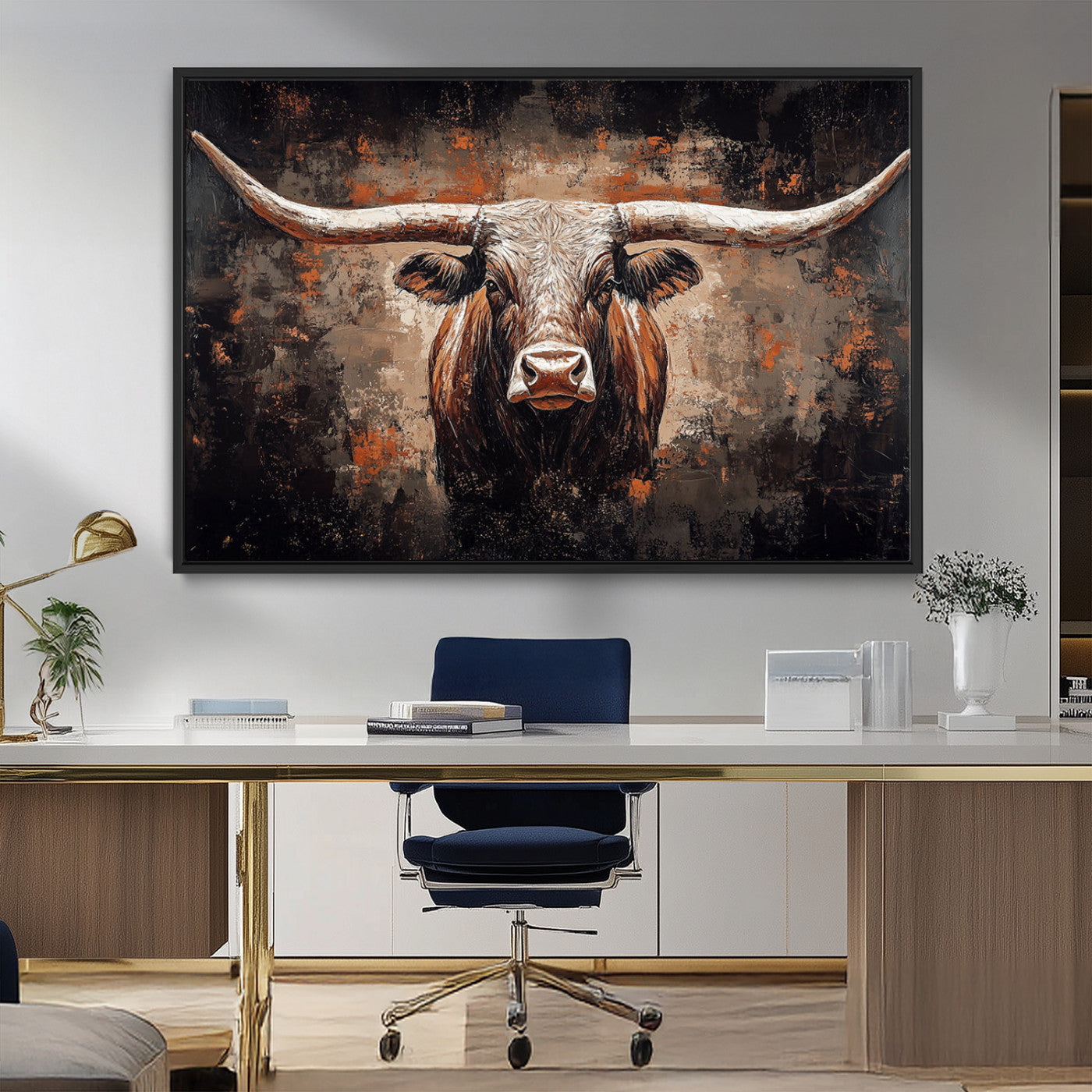 24779067-MGV-CV-36X24-Rustic Longhorn Bull Wall Art Canvas Print – Vintage Western Cattle Painting, Texas Steer Artwork for Ranch, Farmhouse or Cowboy Decor