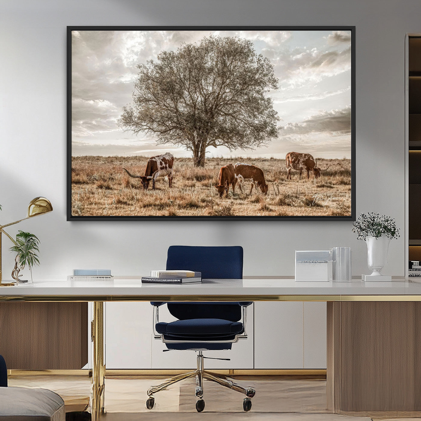 Texas Longhorn Cattle Wall Art Canvas Print – Rustic Western Ranch Scene with Steers at Sunset, Perfect for Farmhouse or Cowboy Decor