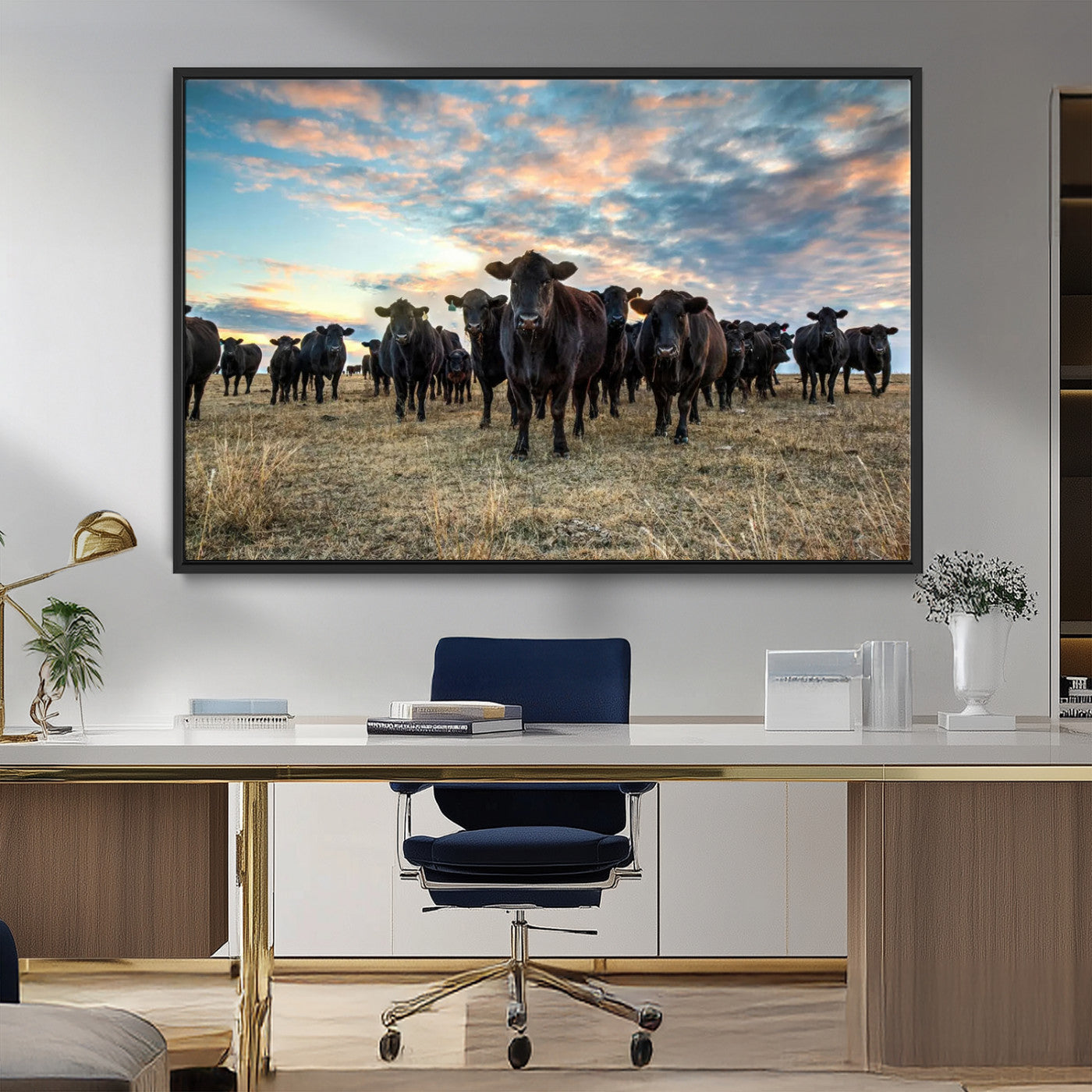 13867292-MGV-CV-36X24-Texas Longhorn Cattle Wall Art Canvas Print – Rustic Western Ranch Scene with Steers at Sunset, Perfect for Farmhouse or Cowboy Decor