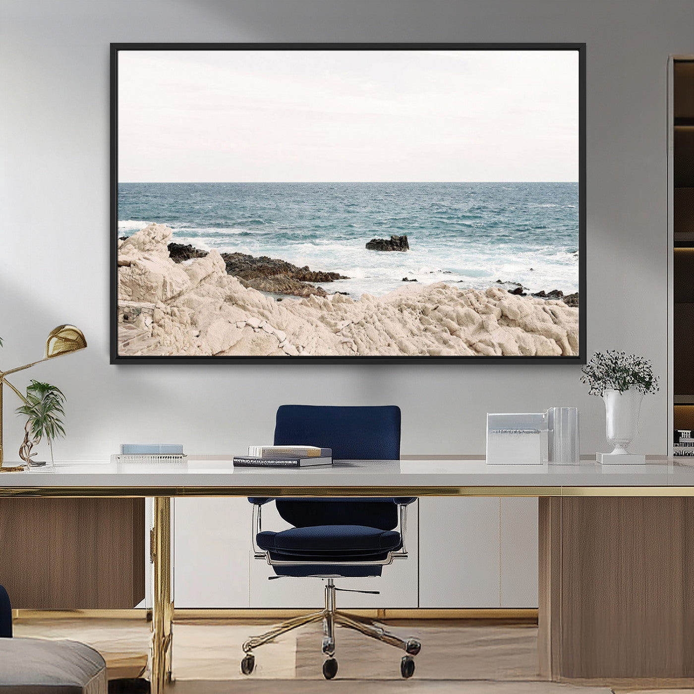 25481980-MGV-CV-36X24-Coastal Ocean View Wall Art Canvas Print – Serene Rocky Shoreline and Blue Sea Photography for Coastal Chic or Minimalist Home Decor