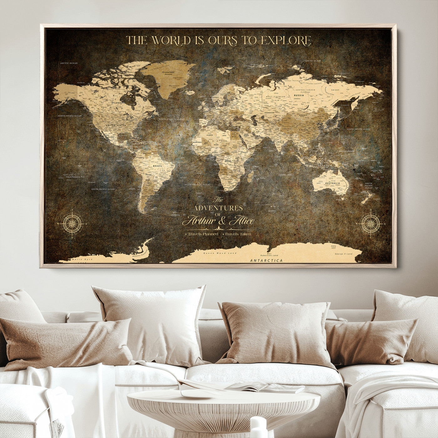 76675404-MGV-CV-36X24-Framed Push Pin World Travel Map – Canvas Wall Art for Tracking Adventures, Decorative Vintage Style Map with Pins for Home or Office - H1