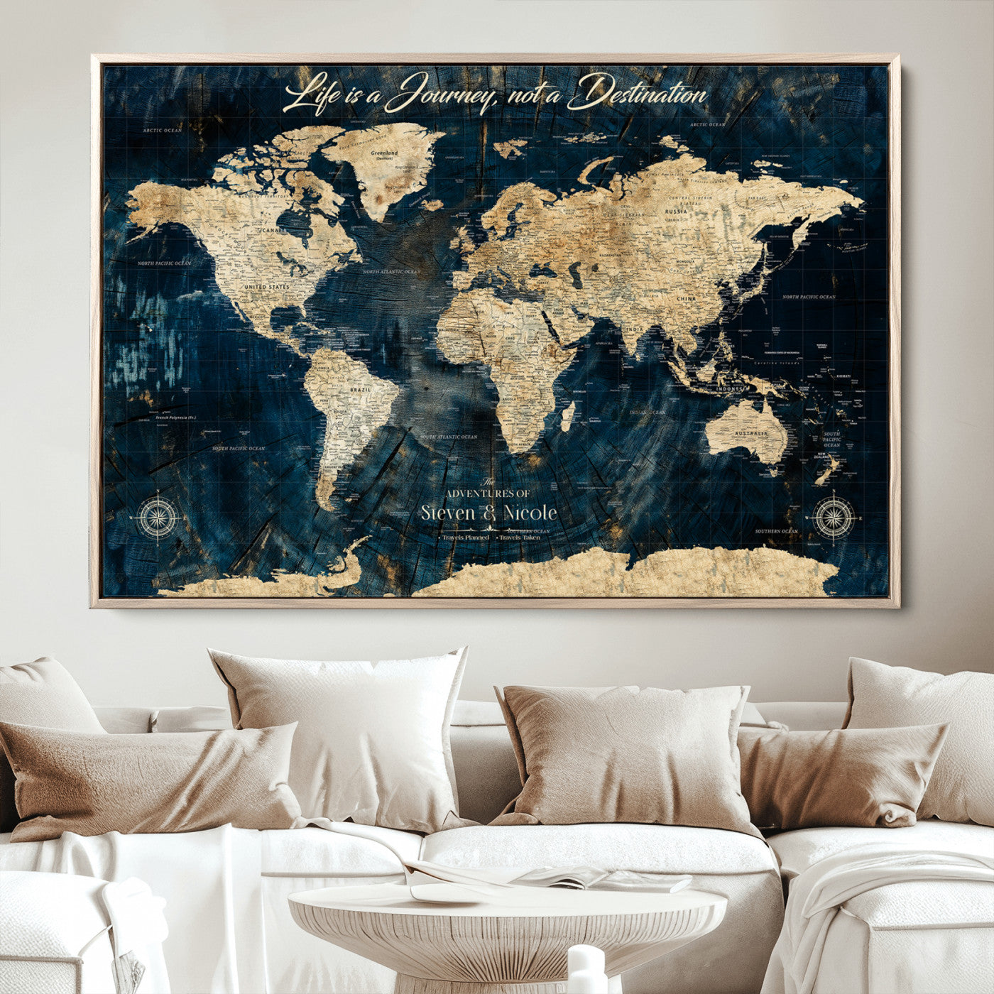 23551206-MGV-CV-36X24-Custom Push Pin World Map Wall Canvas Print – Personalized Travel Tracker with Pins – Framed Large Multi-Size Canvas for Home Office Decor