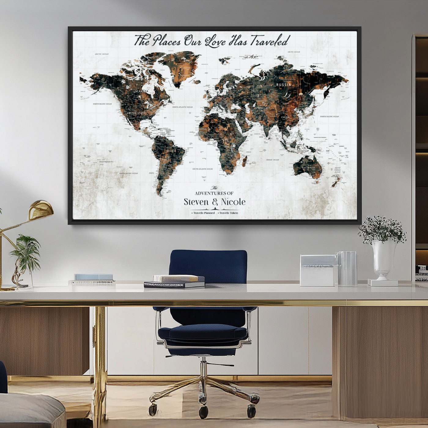 89231588-MGV-CV-36X24-World Travel Map with Pins – Framed Canvas Print to Track Adventures and Create a Visual Travel Journal, Ideal Wall Art for Home - H17