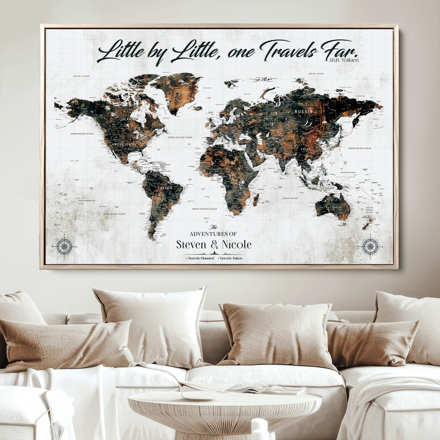 89231588-MGV-CV-36X24-Custom Push Pin World Map Wall Canvas Print – Personalized Travel Tracker with Pins – Framed Large Multi-Size Canvas for Home Office Decor