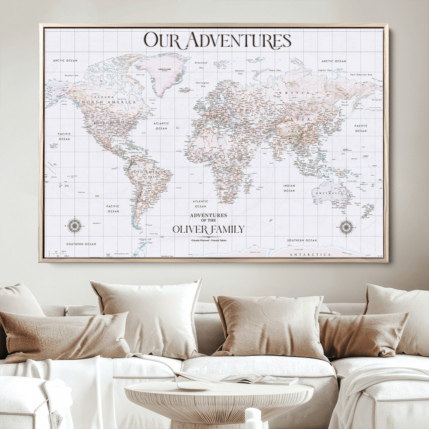 40041157-MGV-CV-36X24-Custom Push Pin World Map Wall Canvas Print – Personalized Travel Tracker with Pins – Framed Large Multi-Size Canvas for Home Office Decor