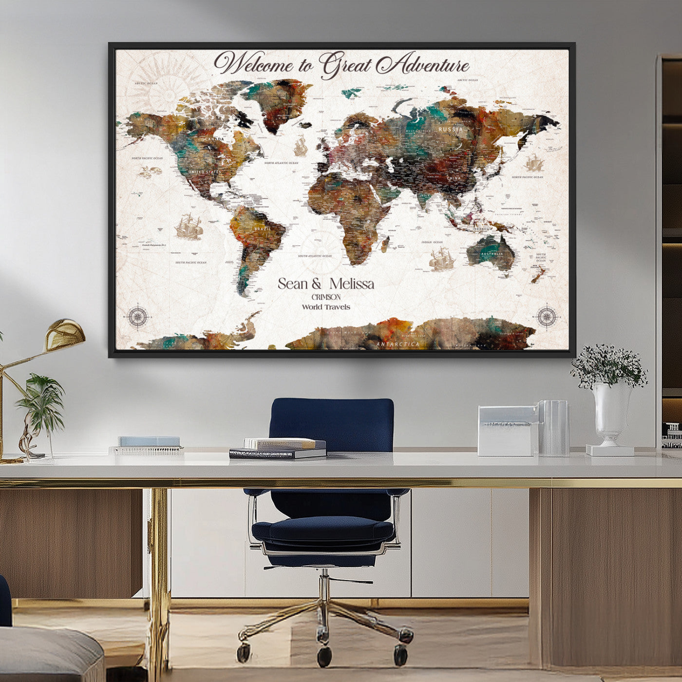 92462592-MGV-CV-36X24-Customize Push Pin World Map Wall Canvas Print – Personalizable Travel World Map with Pins – Framed Personalized Map Print for Couple Gift - H31