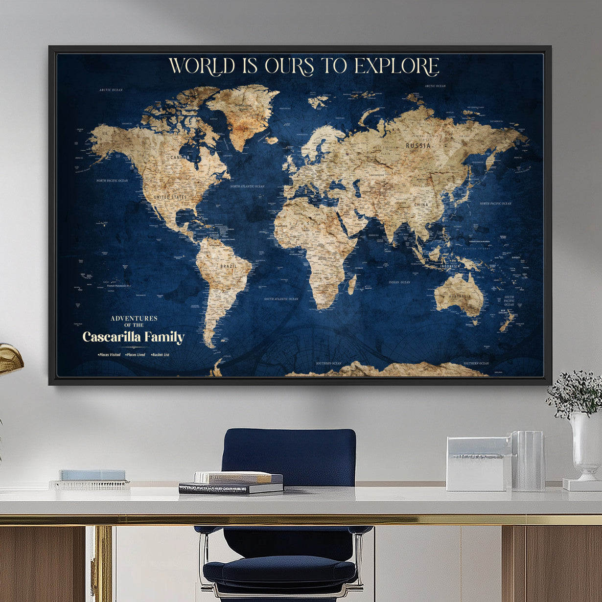54782997-MGV-FC-36X24 - Personalized Push Pin World Map Canvas Print – Custom Travel Tracker Wall Art, Large World Map Decor for Home, Office