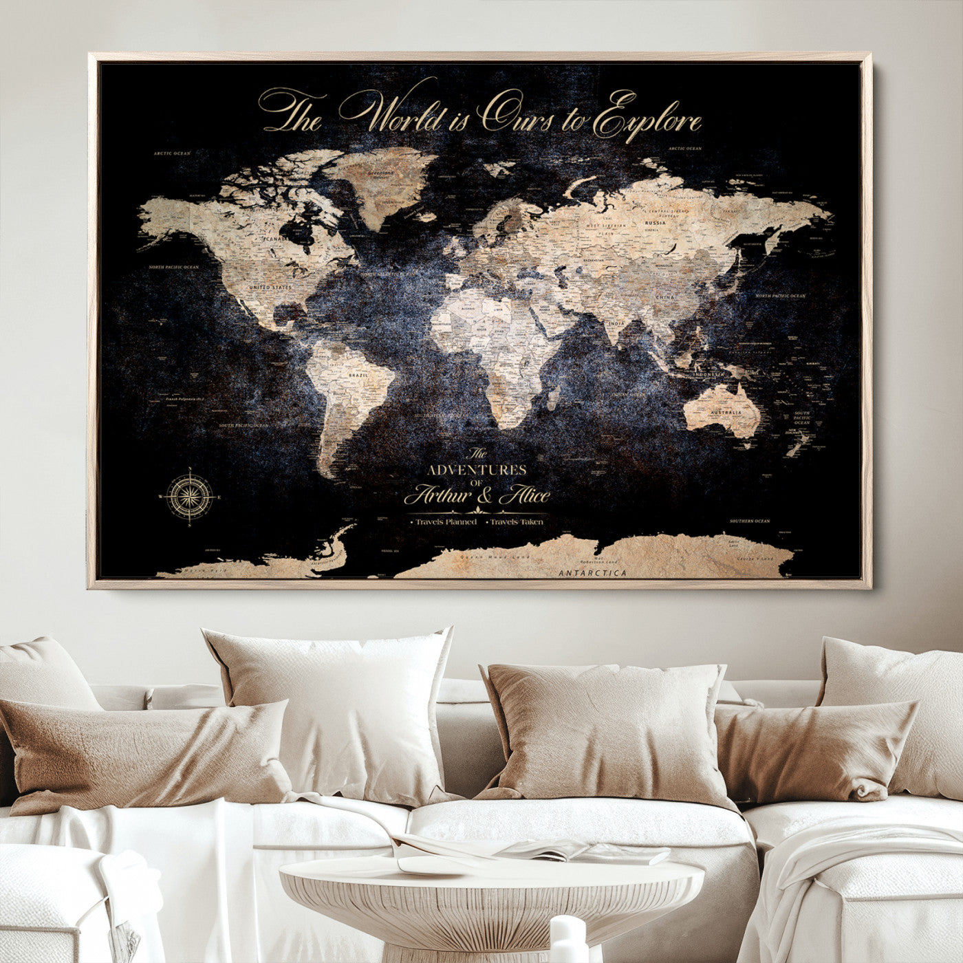 21010471-MGV-CV-36X24-Customize Push Pin World Map Wall Canvas Print, Personalized Travel Tracker with Pins, Framed Large Canvas for Home Office Decor - H37