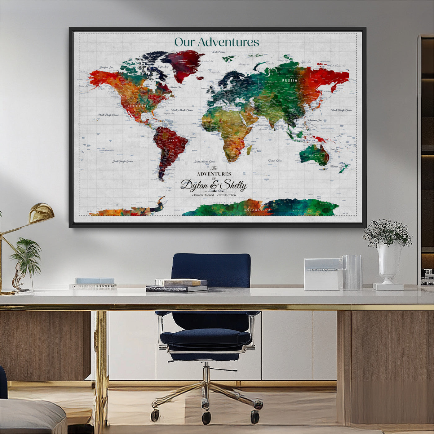 50035254-MGV-CV-36X24-Watercolor Personalized World Map Canvas Print - Customizable Push Pin Framed World Map Print - Custom Quote on Map Print