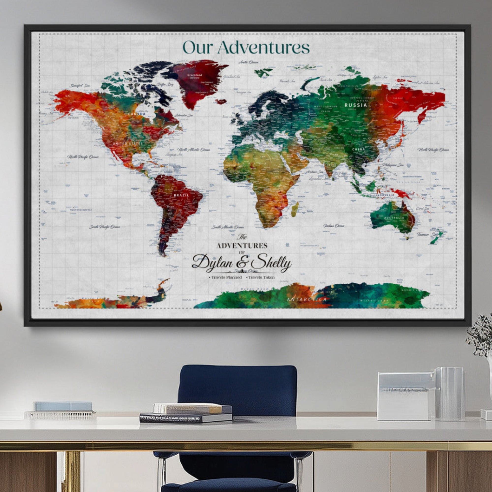 Rehber01-MGV-CV-36X24-Personalized World Map Canvas Wall Art – Custom Framed Push Pin Travel Tracker Print, Unique Gift for Home or Office Decor