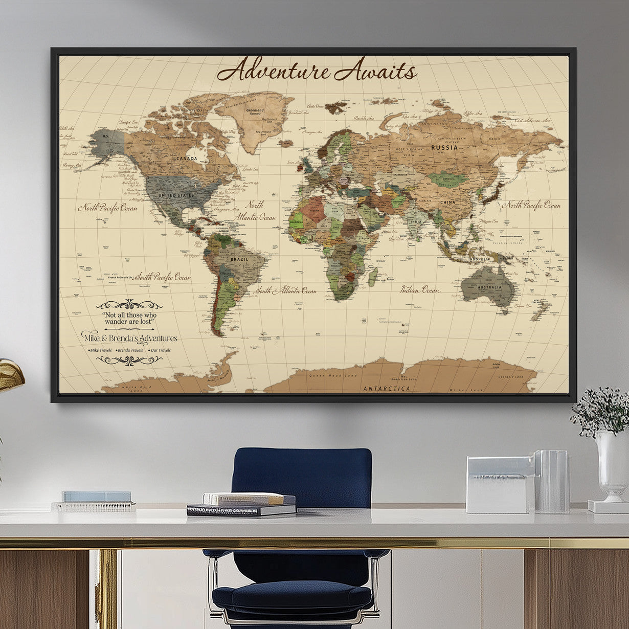 31875069-MGV-FC-36X24 - Customizable Push Pin World Map Wall Canvas Print – Personalize Travel Tracker with Pins – Framed Custom Quotie Canvas for Home Office Decor