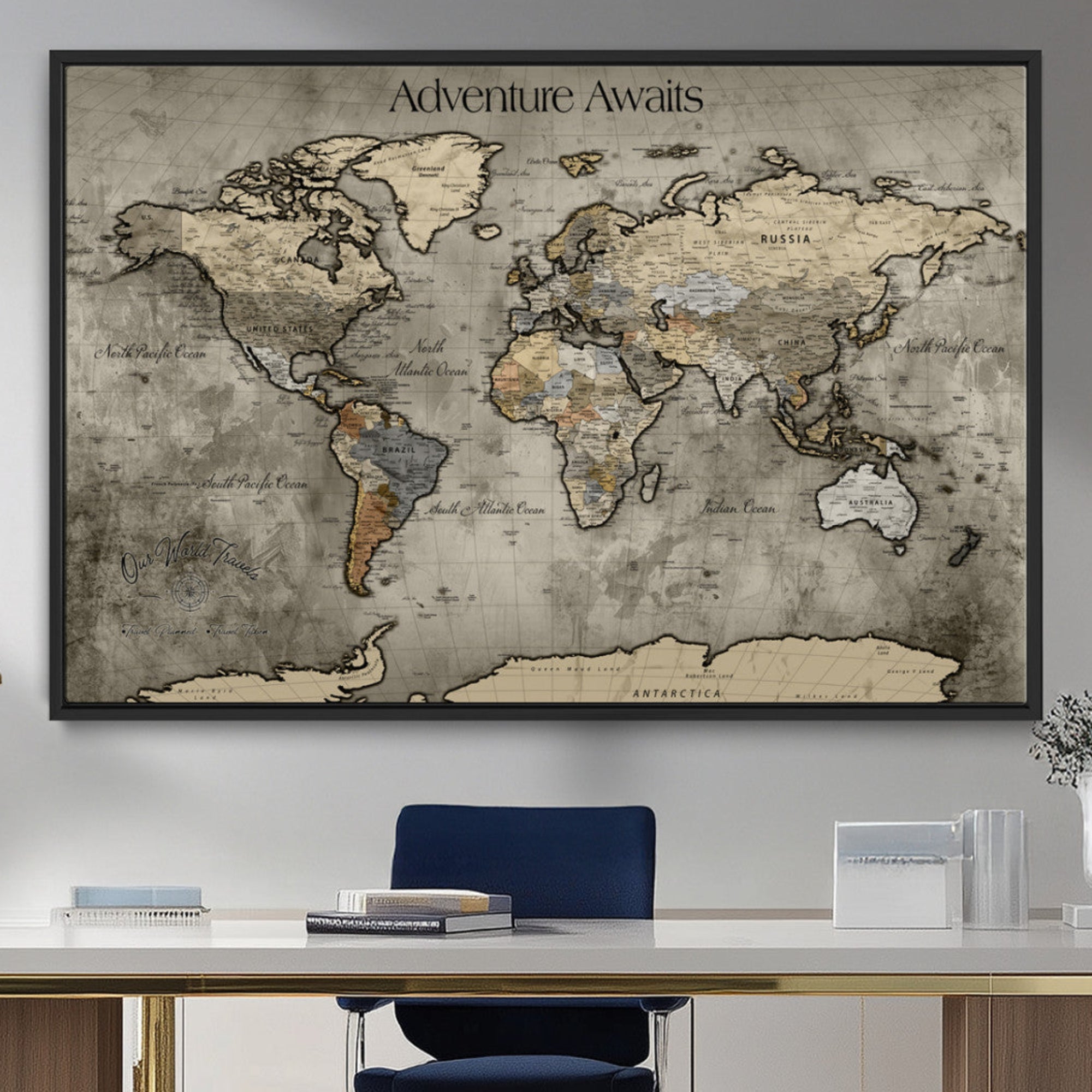 Rehber01-MGV-CV-36X24-Personalized World Map Wall Art Canvas Print – Custom Push Pin Travel Tracker Artwork for Home, Office, Living Room