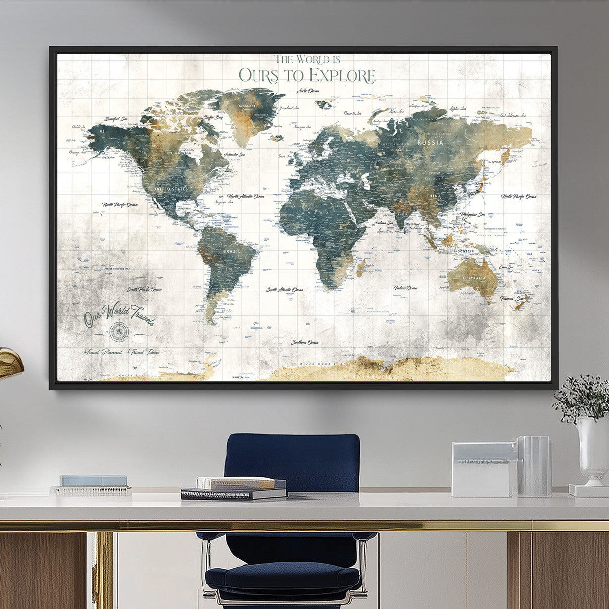 14988581-MGV-FC-36X24 - Custom Push Pin World Map Wall Canvas Print – Personalized Travel Tracker with Pins – Framed Custom Quotie Canvas for Home Office Decor