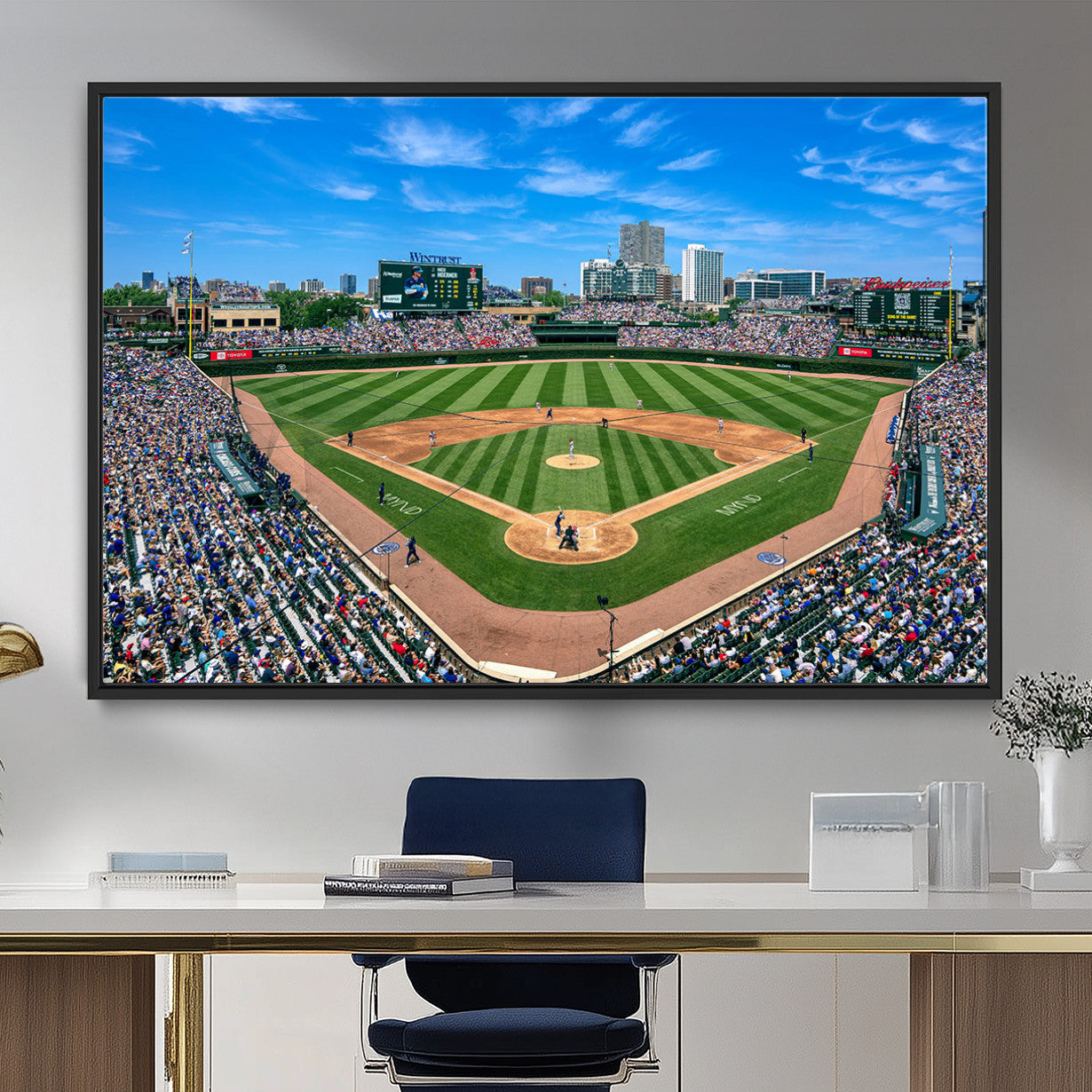 35800083-MGV-FC-36X24 - Wrigley Field Baseball Stadium Canvas Wall Art – Packed Crowd Sports Stadium City Skyline Artwork for Home Office