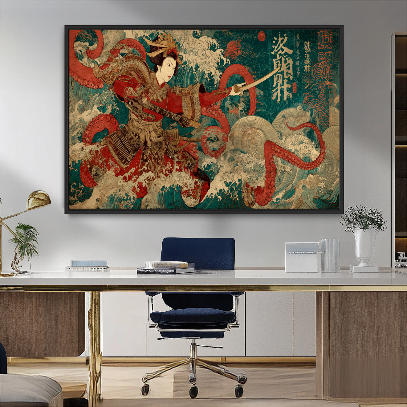 MGV-FC-36X24 - Tsukioka Yoshitoshi Samurai Wall Art Print, Japanese Katana Warrior Canvas Wall Art, Octopus Sea Monster Canvas Print,