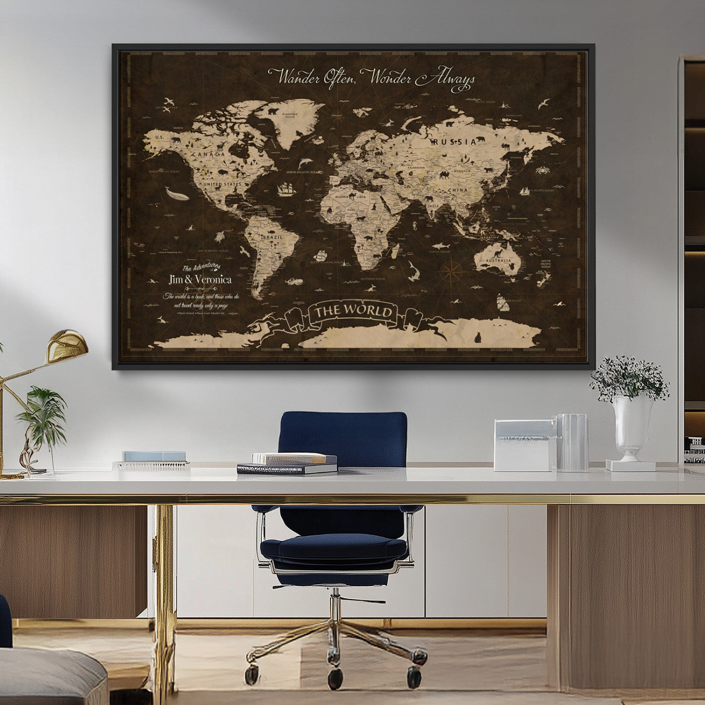 47004909-MGV-CV-36X24-Customize Push Pin World Map Wall Art Canvas Print – Personalized Map for Kids Room – Framed Custom Animal Map for Stady Room Decor