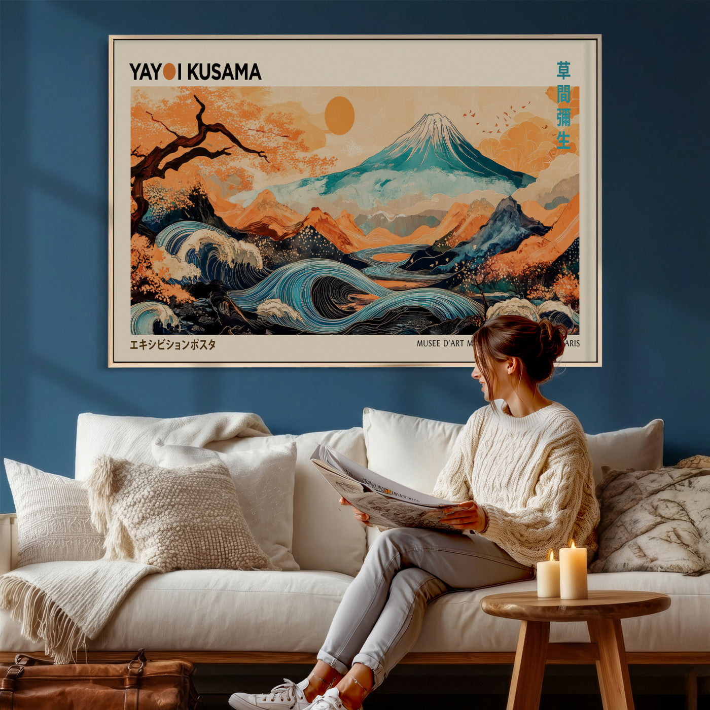 94085549-MGV-CV-36X24 - Yayoi Kusama Japanese Landscape Wall Art Canvas Print – Modern Abstract Mount Fuji Wall Art - Japanese Waves & Autumn Trees Print