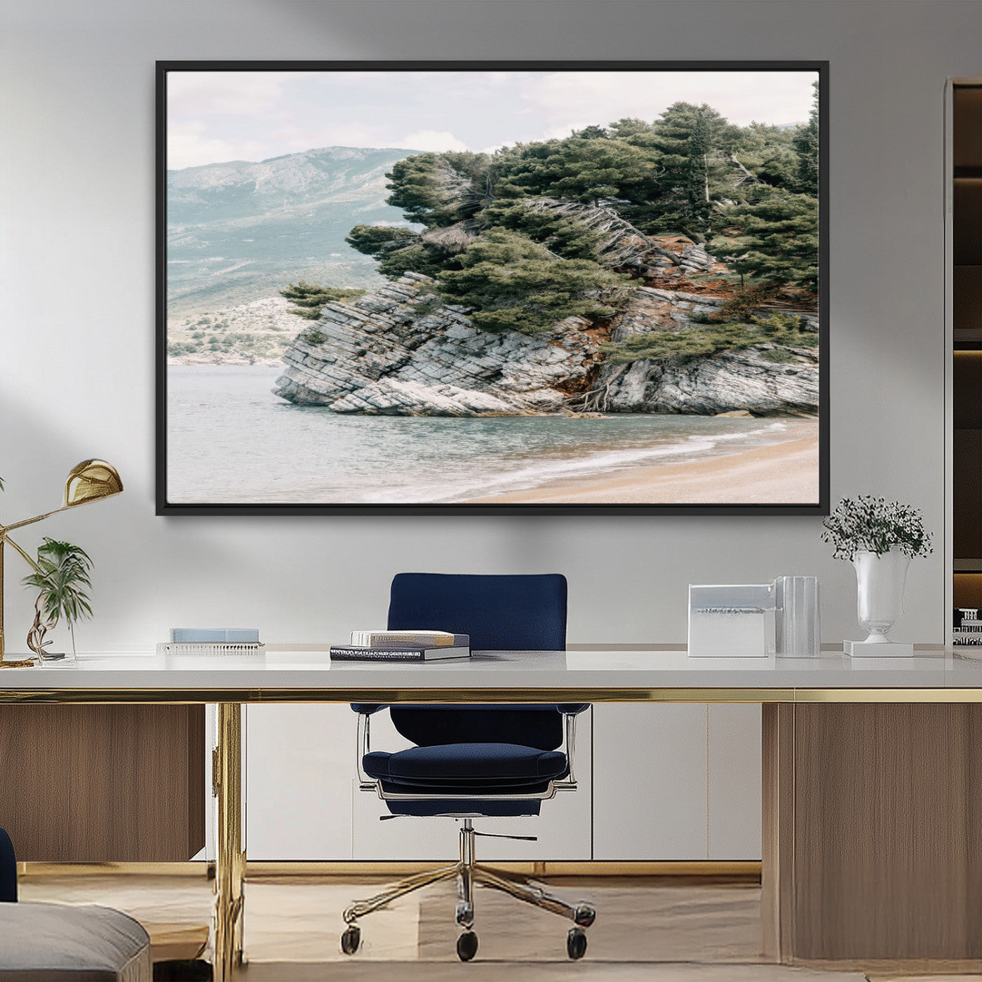 MGV-FC-36X24 - Coastal Rock Canvas Wall Art Print, Scenic Beach Landscape, Pine Trees on Rocky Cliff, Large Nature