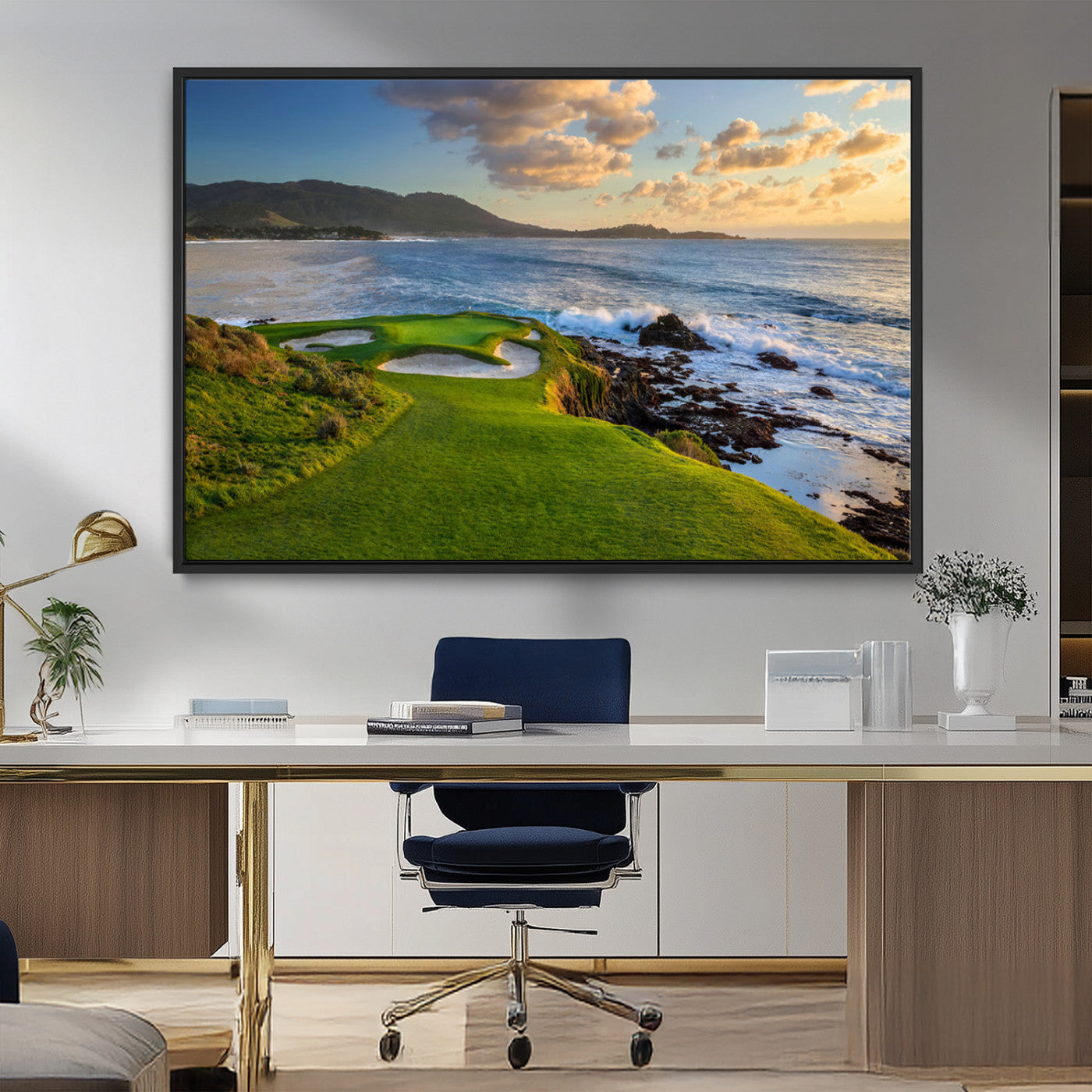 MGV-FC-36X24 - Stunning Coastal Golf Course at Sunset with Rolling Green Fairways and Ocean Waves – Perfect Wall