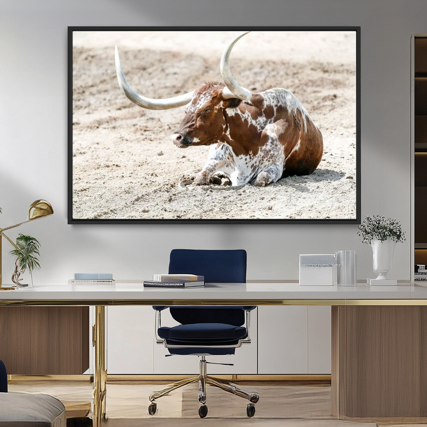 MGV-FC-36X24 - Majestic Longhorn Resting on Sunlit Desert Ground – Striking Western-Themed Wall Art Canvas Print
