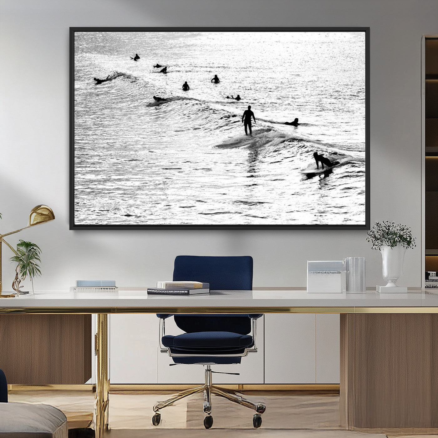 MGV-FC-36X24 - Black and White Surfers Riding Gentle Ocean Waves – Minimalist Coastal Photography Wall Art Canvas
