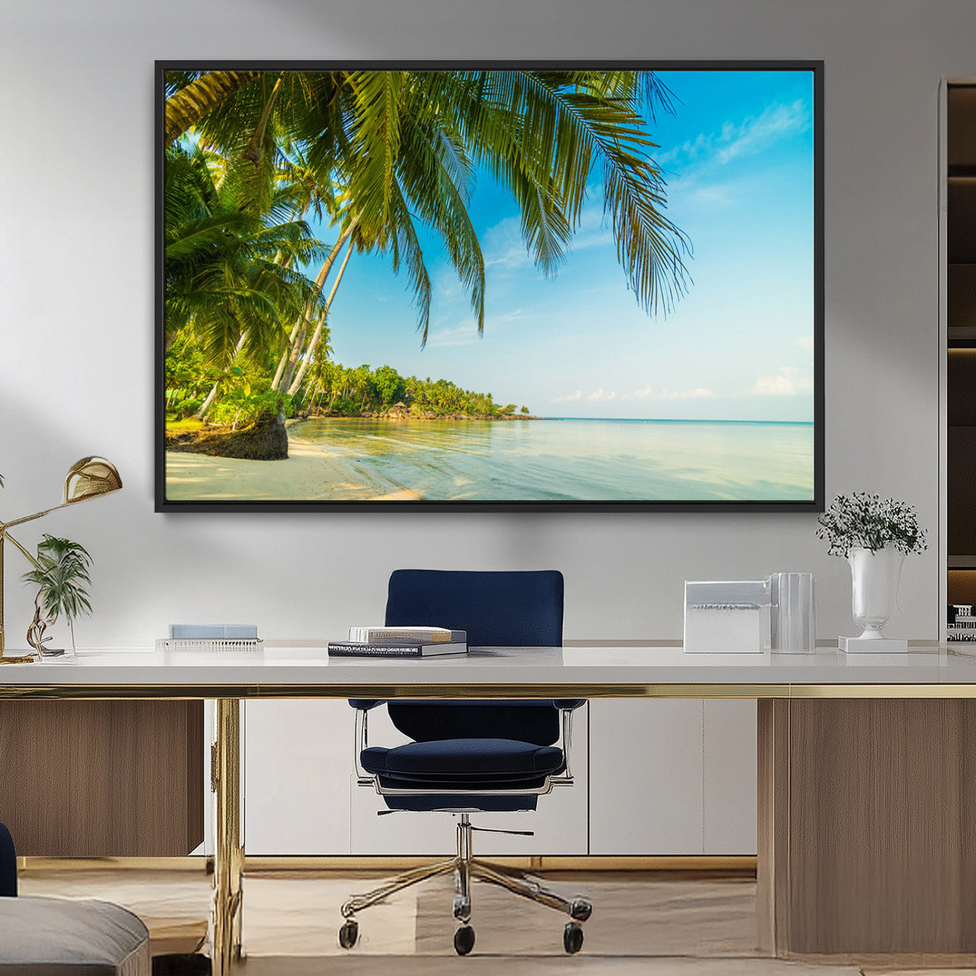 MGV-FC-36X24 - Peaceful Tropical Beach with Palm Trees and Calm Blue Sea – Serene Coastal Wall Art Canvas Print for
