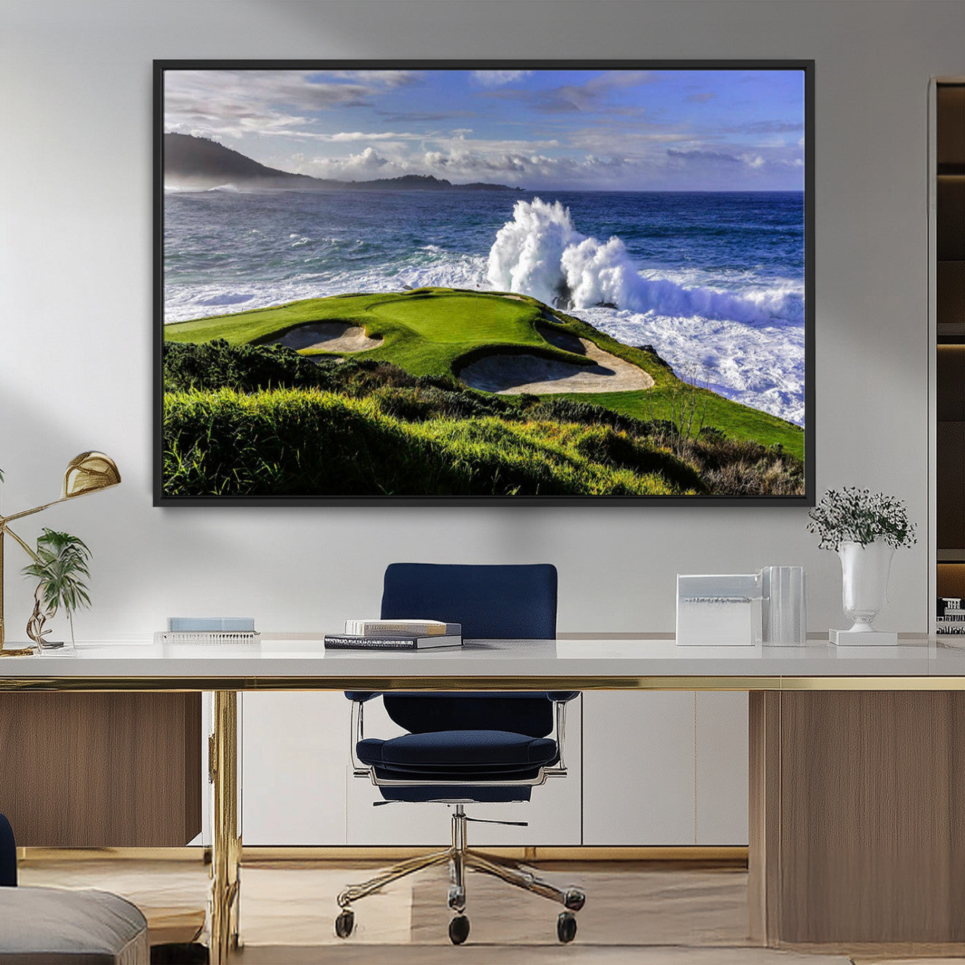 MGV-FC-36X24 - Dramatic Ocean Waves Crashing Against Rocky Coastline Near a Green Golf Course – Stunning Wall Art