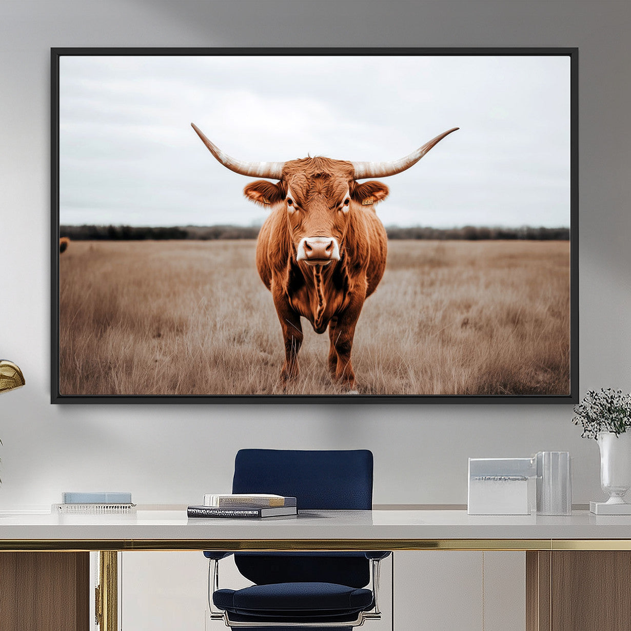 16316734-MGV-FC-36X24 - Longhorn bull, open field, rustic charm, natural beauty, Wall Art Canvas Print, countryside,