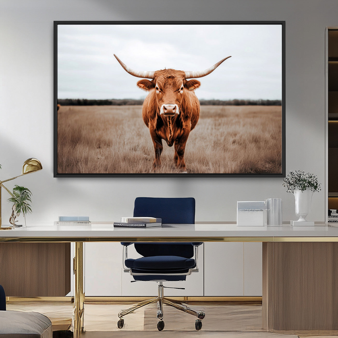 MGV-FC-36X24 - Longhorn bull, open field, rustic charm, natural beauty, Wall Art Canvas Print, countryside,