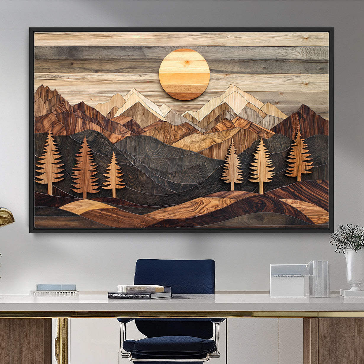 19832326-MGV-FC-36X24 - Wooden Mountain Landscape Layered Texture Geometric Shapes Sun Pine Trees Rustic Natural Tones Art