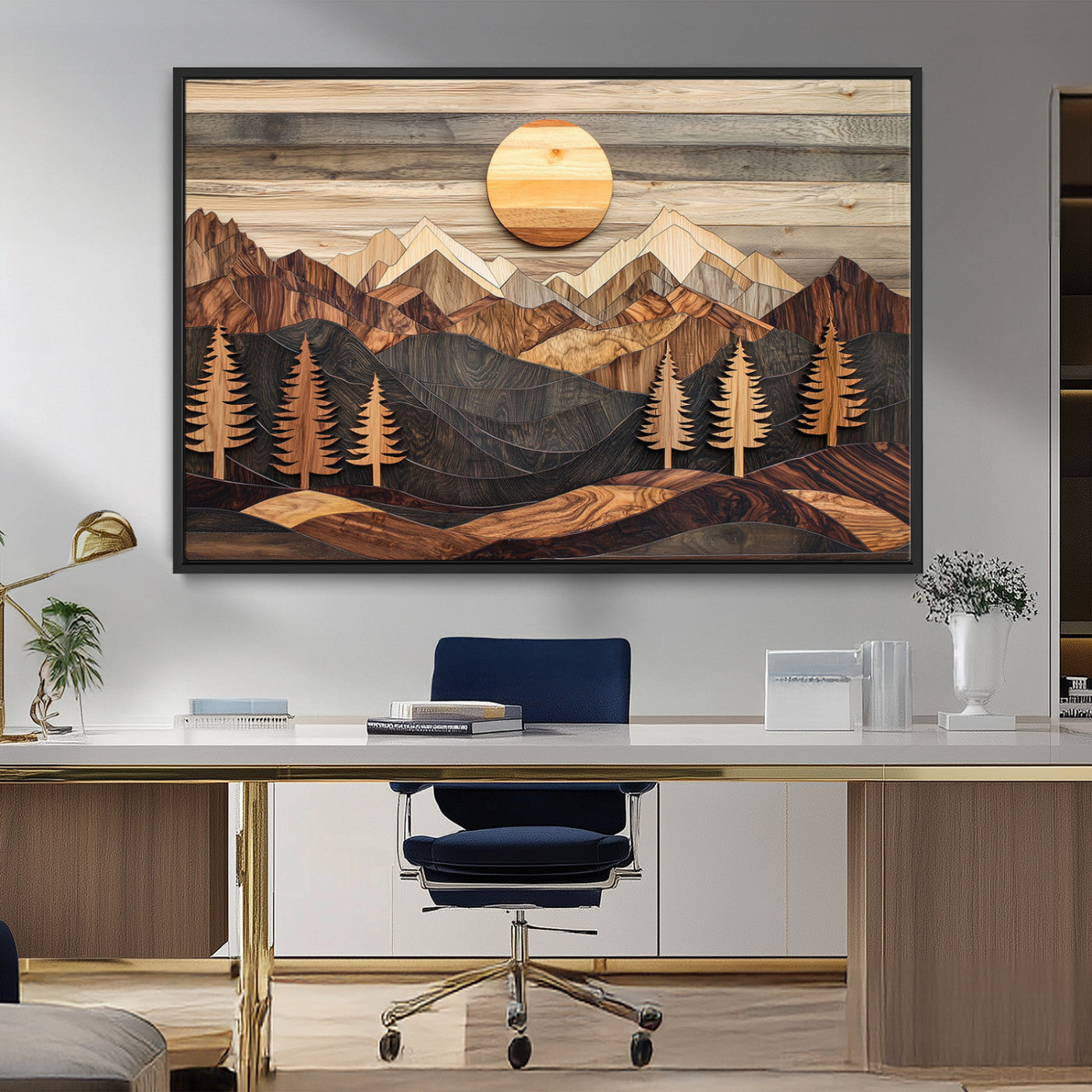 MGV-FC-36X24 - Wooden Mountain Layers Canvas Wall Art – Rustic Pine Tree Landscape with Sunlight Artistic Nature
