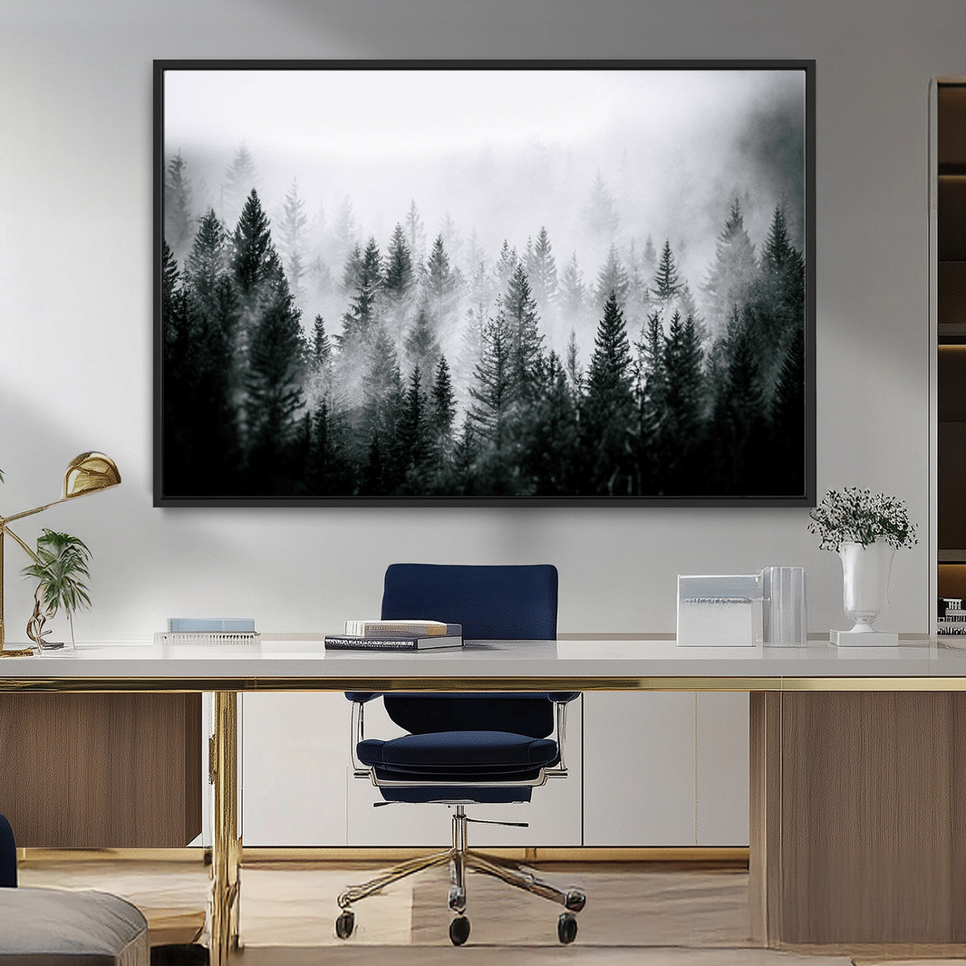 MGV-FC-36X24 - Foggy Pine Forest Canvas Wall Art – Black and White Nature Landscape Print, Horizontal Canvas for
