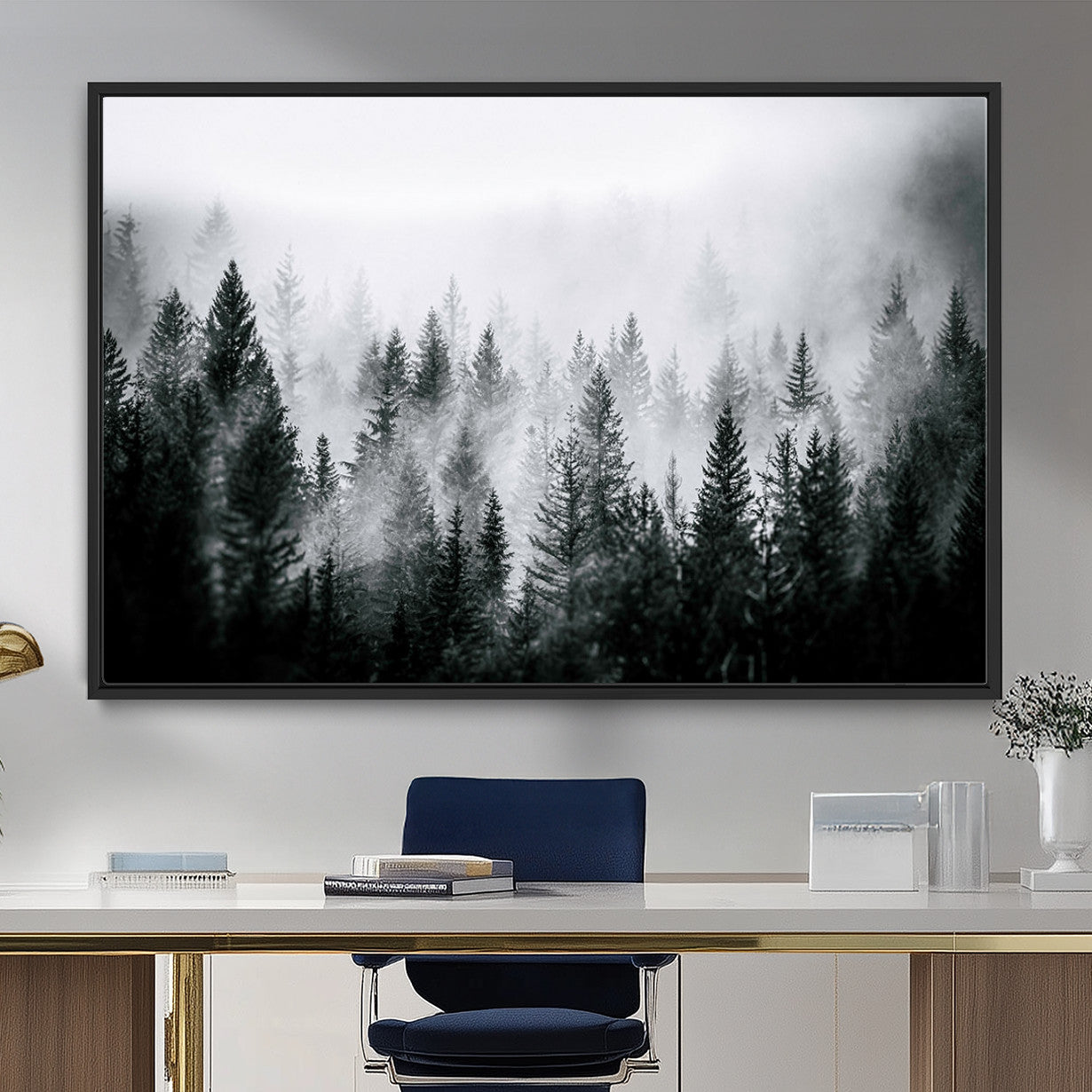 MGV-FC-36X24 - Foggy Pine Forest Canvas Wall Art – Black and White Nature Landscape Print, Horizontal Canvas for