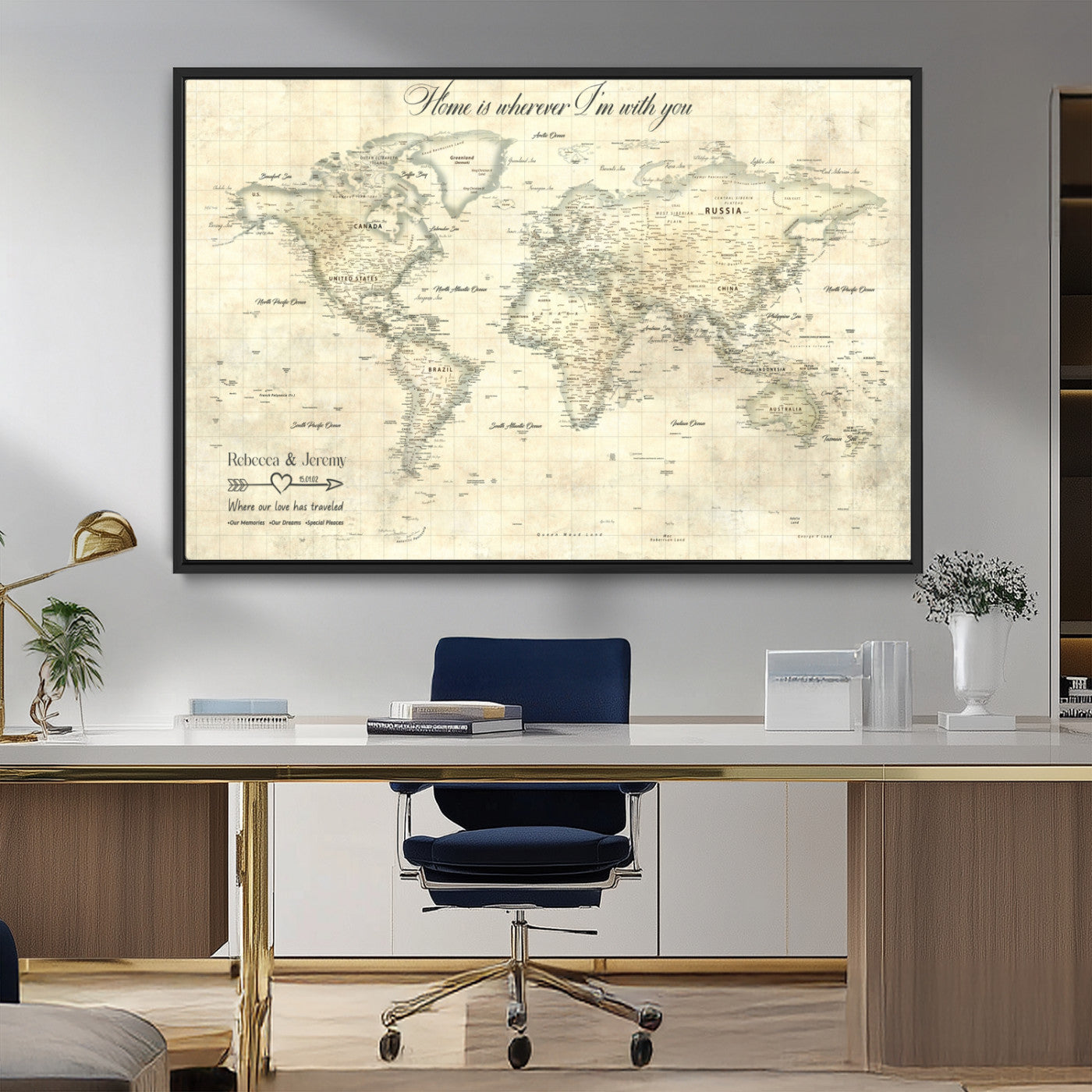 MGV-FC-36X24 - Personalized World Map Wall Art Canvas Print – Custom Push Pin Travel Map for Couples, Families, or Office Décor