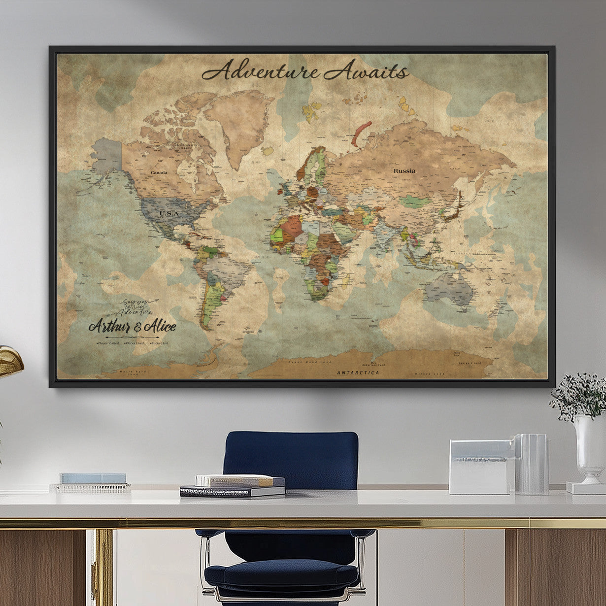 MGV-FC-36X24 - Personalized World Map Wall Art Canvas Print – Custom Push Pin Travel Map for Couples, Families, or Office Décor