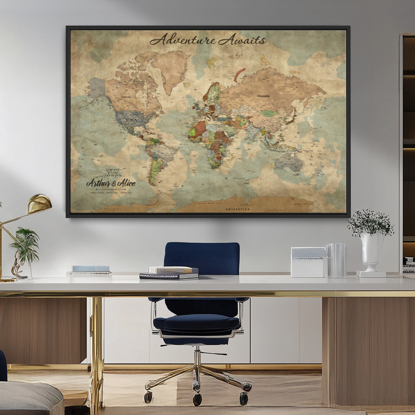 MGV-FC-36X24 - Personalized World Map Wall Art Canvas Print – Custom Push Pin Travel Map for Couples, Families, or Office Décor