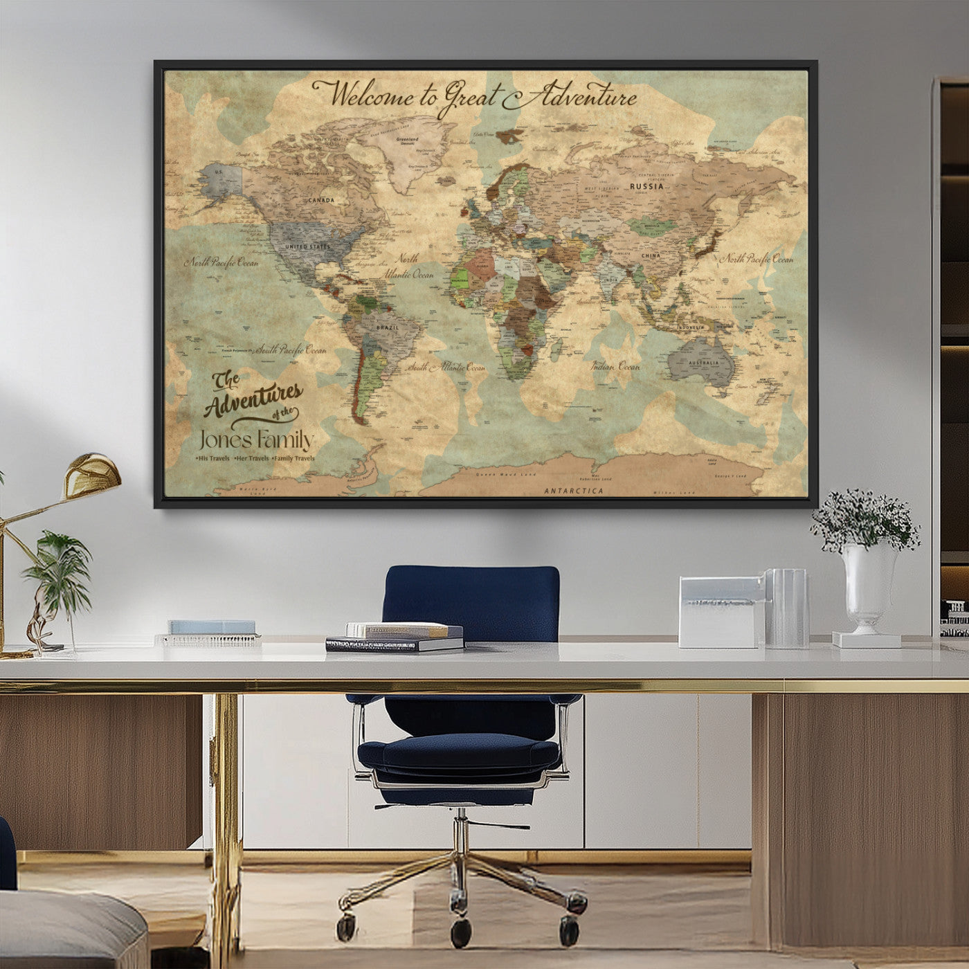 MGV-FC-36X24 - Personalized World Map Wall Art Canvas Print – Custom Push Pin Travel Map for Couples, Families, or Office Décor