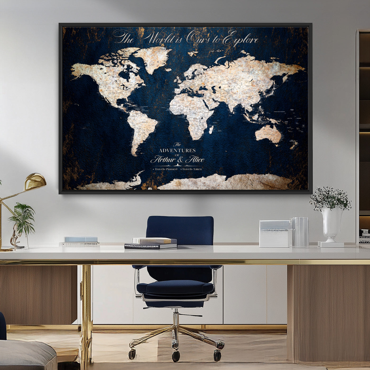 MGV-FC-36X24 - Personalized World Map Wall Art Canvas Print – Custom Push Pin Travel Map for Couples, Families, or Office Décor