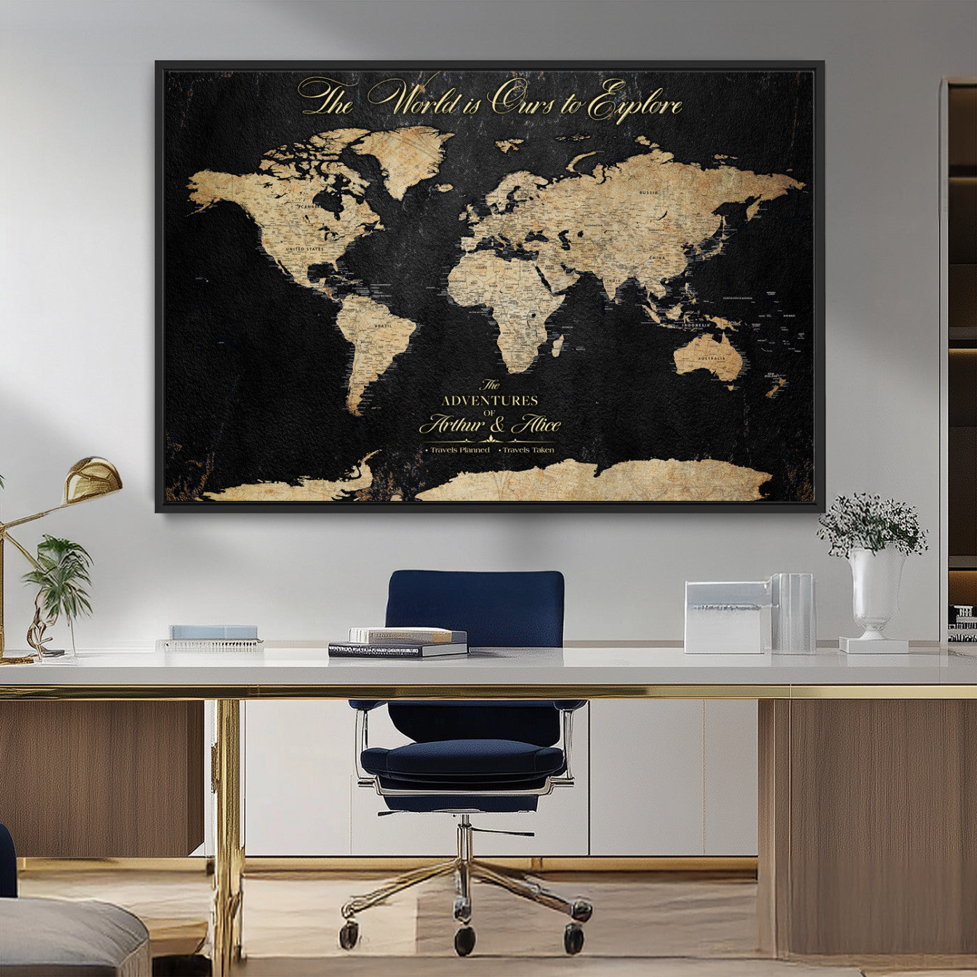 MGV-FC-36X24 - Personalized World Map Wall Art Canvas Print – Custom Push Pin Travel Map for Couples, Families, or Office Décor
