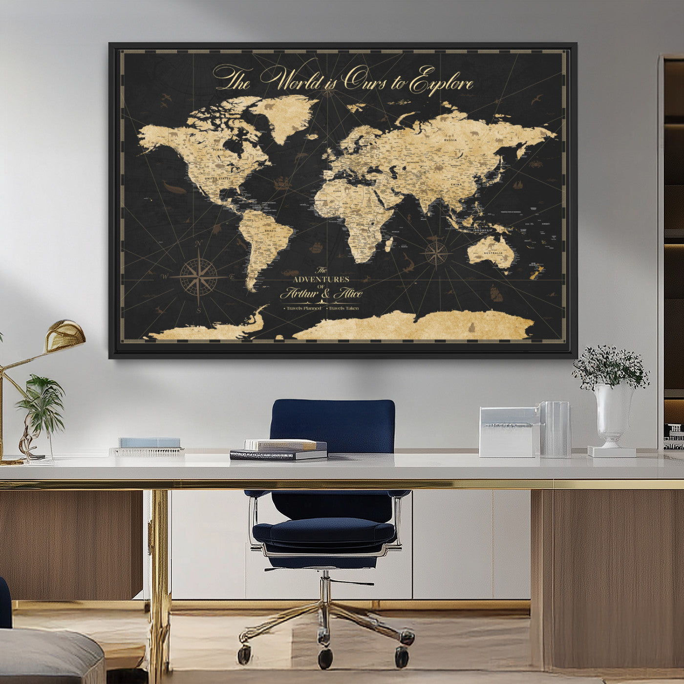 MGV-FC-36X24 - Personalized World Map Wall Art Canvas Print – Custom Push Pin Travel Map for Couples, Families, or Office Décor