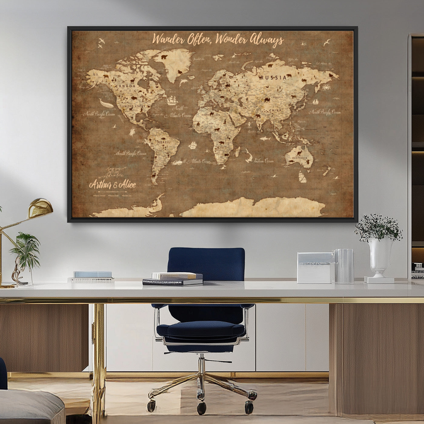 MGV-FC-36X24 - Personalized World Map Wall Art Canvas Print – Custom Push Pin Travel Map for Couples, Families, or Office Décor