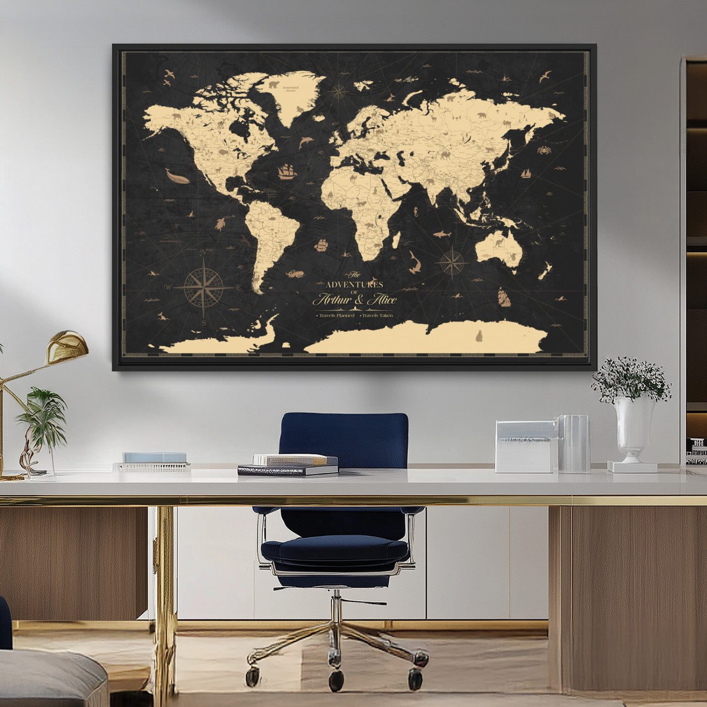 MGV-FC-36X24 - Personalized World Map Wall Art Canvas Print – Custom Push Pin Travel Map for Couples, Families, or Office Décor