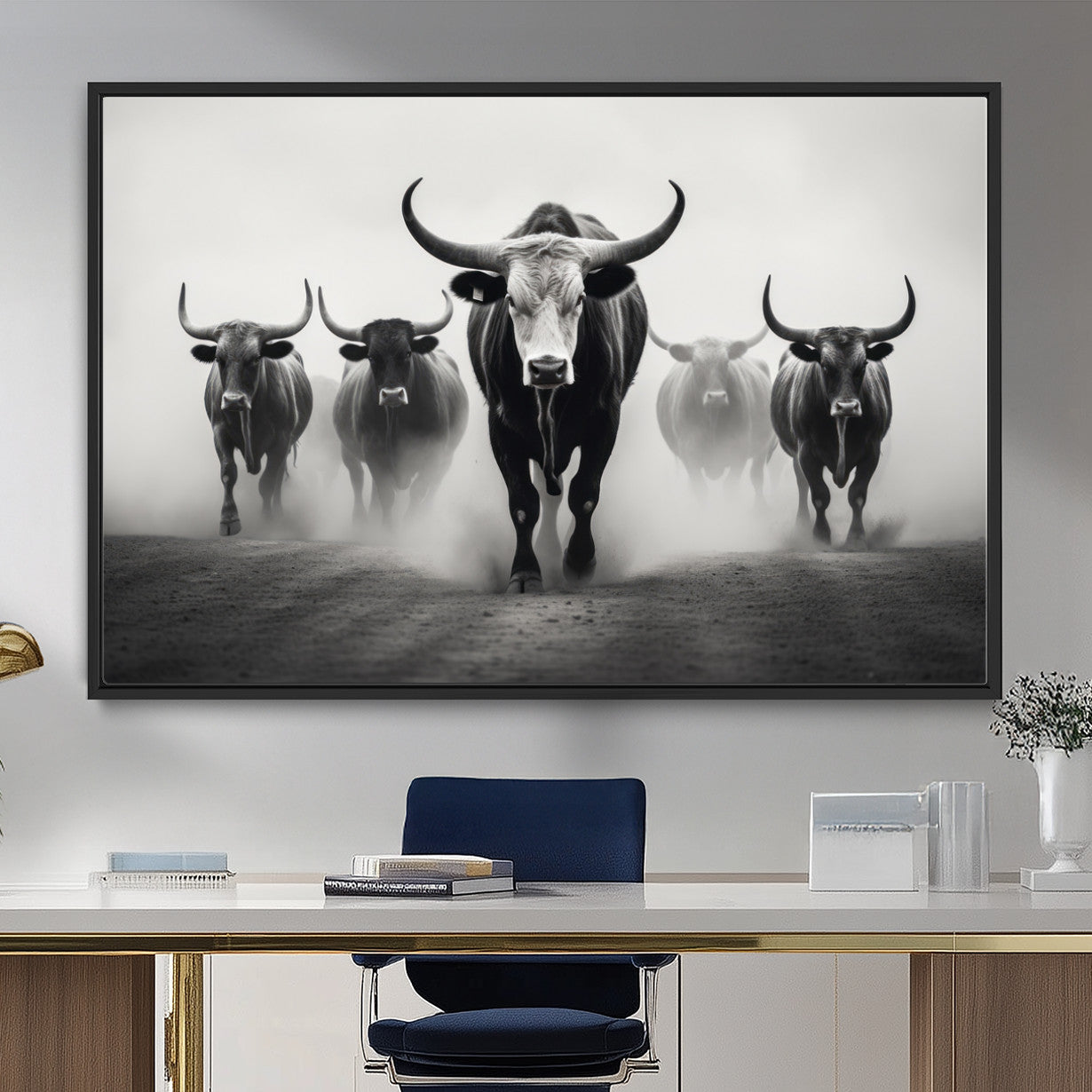 N34534C-MGV-FC-36X24 - Texas Bighorn Cow Hern Wall Art Canvas Print, Longhorn Cow Large Wall Art